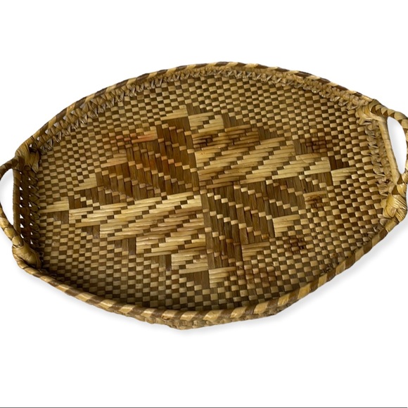 Vintage Woven Raffia Rattan Geo Holiday Handle Serving Home Decor 11 x 16 Tray - Picture 13 of 15